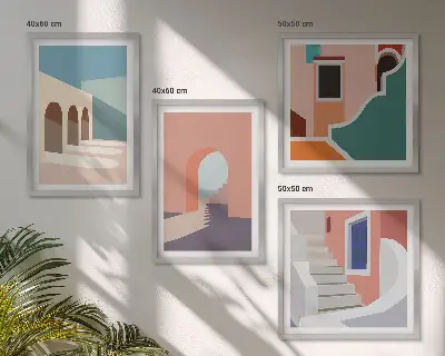 Dekorációs képkészlet nappaliba pasztell minimalista grafikával