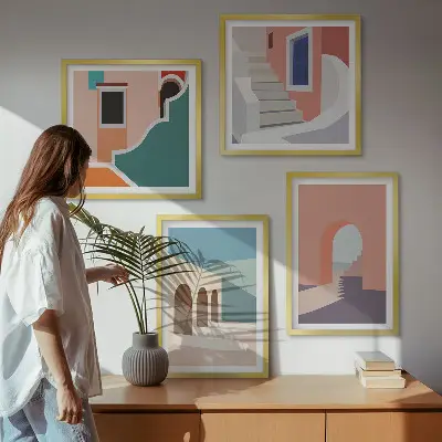 Dekorációs képkészlet nappaliba pasztell minimalista grafikával