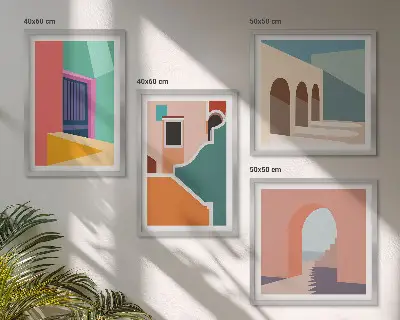 Színes városi illusztrációkat ábrázoló keretezett poliptichon többrészes falikép