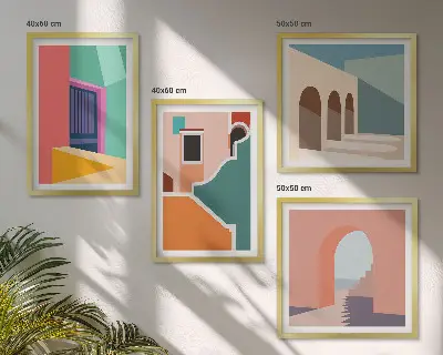 Színes városi illusztrációkat ábrázoló keretezett poliptichon többrészes falikép