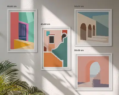 Színes városi illusztrációkat ábrázoló keretezett poliptichon többrészes falikép