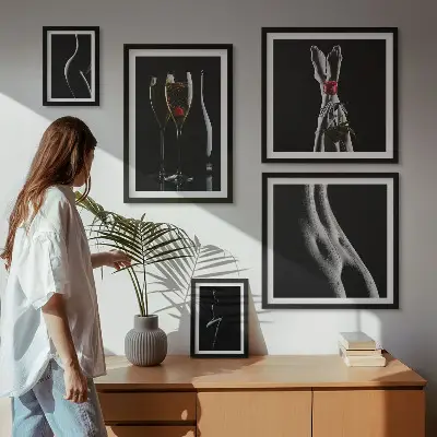 Képkészlet nappaliba elegáns modern fekete és piros díszítéssel