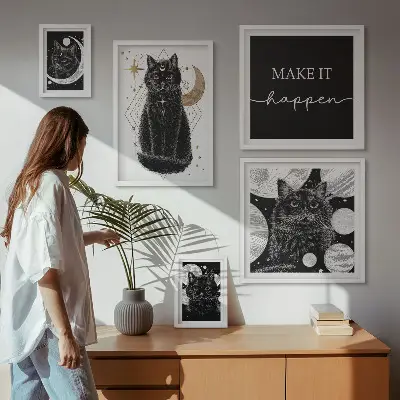Képkészlet nappaliba fekete macskák bohém stílusban