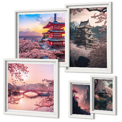 Dekorációs kép készlet nappaliba Japán tájak cseresznyefákkal