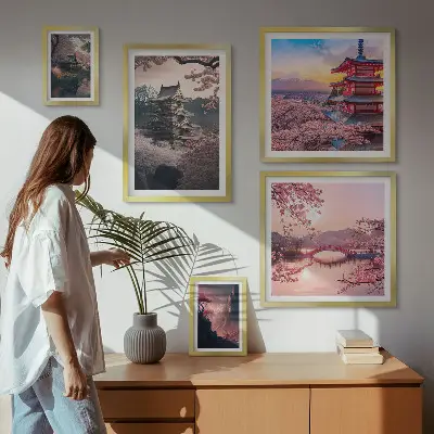 Dekorációs kép készlet nappaliba japán tájak cseresznyefákkal mintával