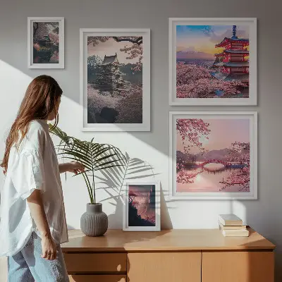 Dekorációs kép készlet nappaliba japán tájak cseresznyefákkal mintával