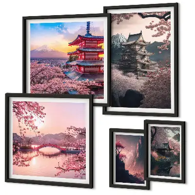 Dekorációs kép készlet nappaliba japán tájak cseresznyefákkal mintával