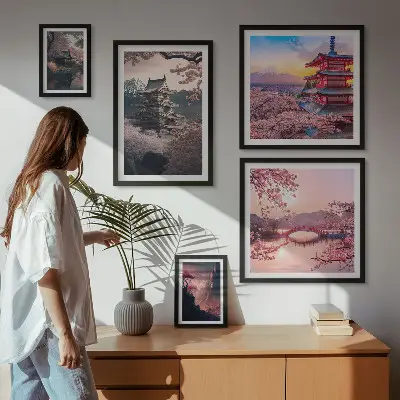 Dekorációs kép készlet nappaliba japán tájak cseresznyefákkal mintával