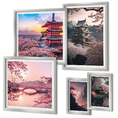 Dekorációs kép készlet nappaliba japán tájak cseresznyefákkal mintával