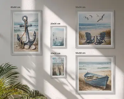 Dekorációs képkészlet nappaliba tengerparti stílusú tenger és strand motívumokkal
