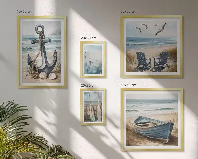 Dekorációs képkészlet nappaliba tengerparti stílusú tenger és strand motívumokkal