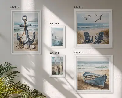 Dekorációs képkészlet nappaliba tengerparti stílusú tenger és strand motívumokkal