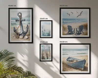 Dekorációs képkészlet nappaliba tengerparti stílusú tenger és strand motívumokkal