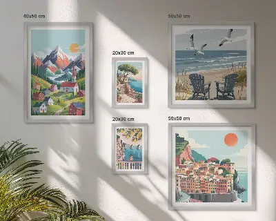 Képkészlet nappaliba retro hegyi és tengeri tájakkal