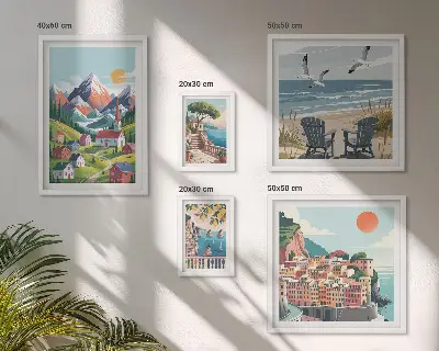 Képkészlet nappaliba retro hegyi és tengeri tájakkal