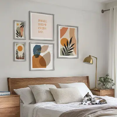 Képkészlet nappaliba stílusos absztrakt növényi grafikával