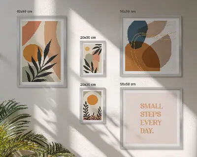 Képkészlet nappaliba stílusos absztrakt növényi grafikával