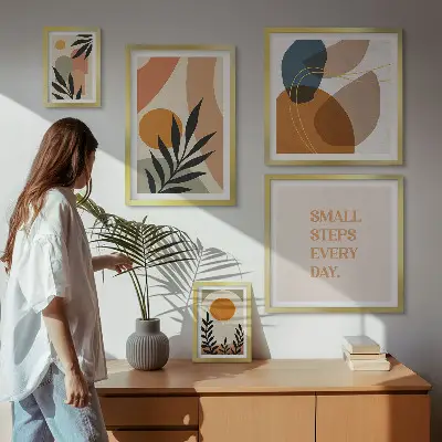 Képkészlet nappaliba stílusos absztrakt növényi grafikával