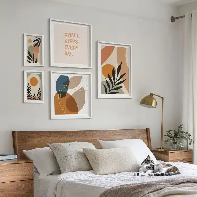 Képkészlet nappaliba stílusos absztrakt növényi grafikával