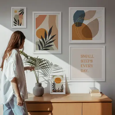 Képkészlet nappaliba stílusos absztrakt növényi grafikával