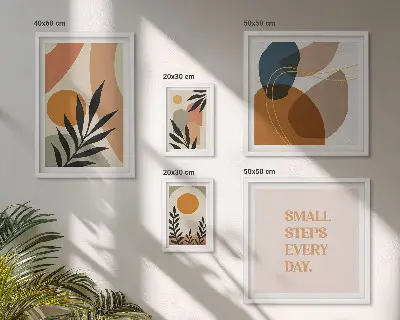 Képkészlet nappaliba stílusos absztrakt növényi grafikával