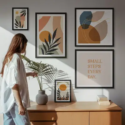Képkészlet nappaliba stílusos absztrakt növényi grafikával