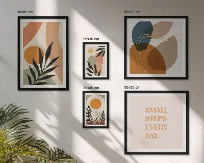 Képkészlet nappaliba stílusos absztrakt növényi grafikával