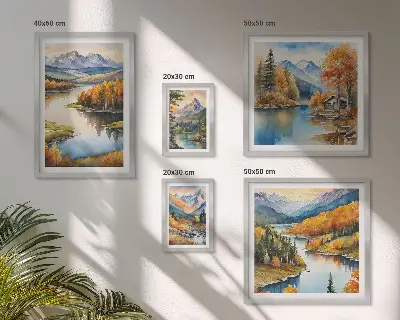 Hegyi folyók őszi fák dekorációs képszett nappaliba való kivitelben