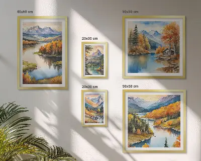 Hegyi folyók őszi fák dekorációs képszett nappaliba való kivitelben