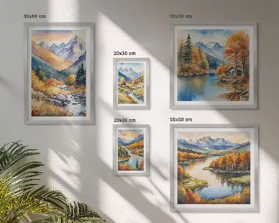 Prémium keretezett kép őszi hegyek, folyók és házak mintával