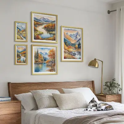 Prémium keretezett kép őszi hegyek, folyók és házak mintával