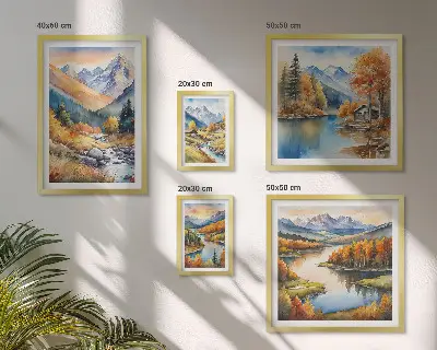 Prémium keretezett kép őszi hegyek, folyók és házak mintával