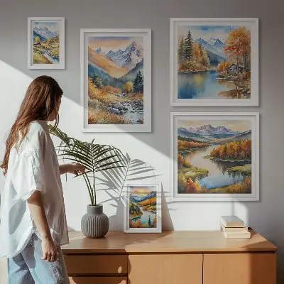 Prémium keretezett kép őszi hegyek, folyók és házak mintával
