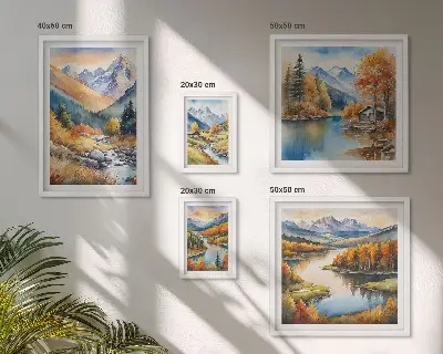 Prémium keretezett kép őszi hegyek, folyók és házak mintával