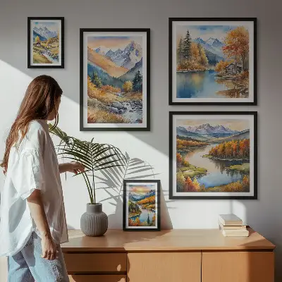Prémium keretezett kép őszi hegyek, folyók és házak mintával