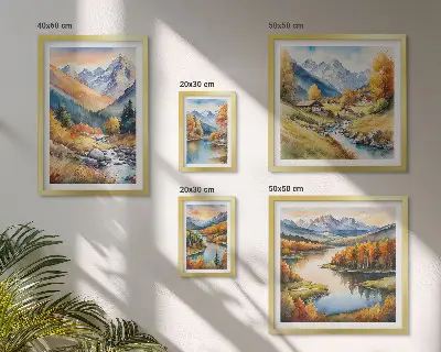 Őszi hegyi tájakat ábrázoló képszett nappaliba
