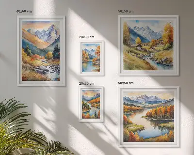 Őszi hegyi tájakat ábrázoló képszett nappaliba
