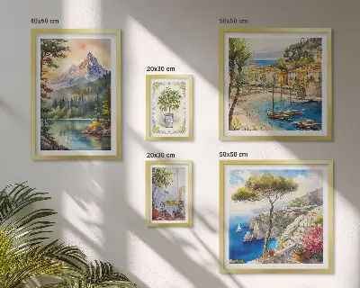 Dekorációs képkészlet nappaliba hegyek és tengerre néző tájakkal