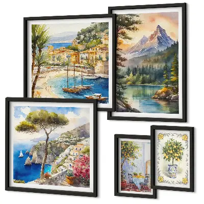 Dekorációs képkészlet nappaliba hegyek és tengerre néző tájakkal