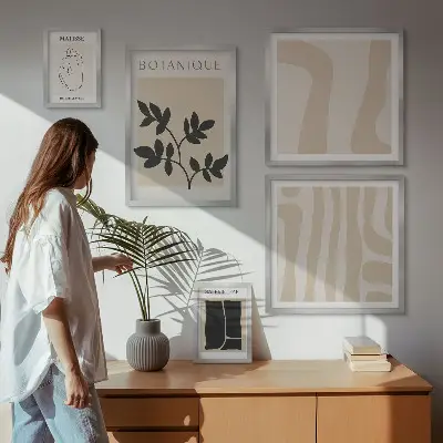 Képkészlet nappaliba stílusos absztrakt növényi grafikával
