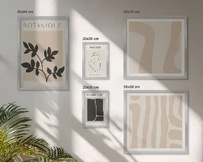 Képkészlet nappaliba stílusos absztrakt növényi grafikával