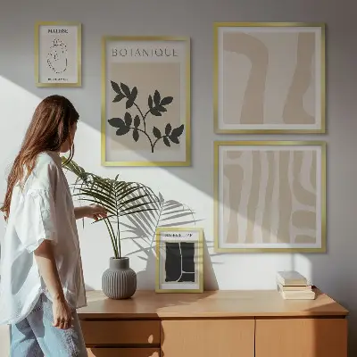 Képkészlet nappaliba stílusos absztrakt növényi grafikával