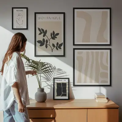 Képkészlet nappaliba stílusos absztrakt növényi grafikával