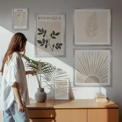 Virágos és geometrikus mintázatú fali dekorációk stílusos képkészlet nappaliba