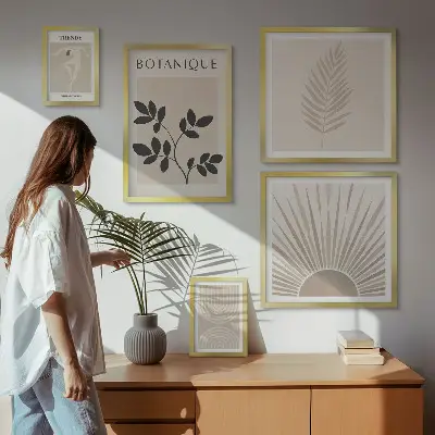 Virágos és geometrikus mintázatú fali dekorációk stílusos képkészlet nappaliba