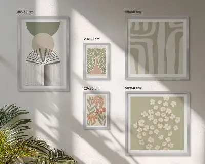 Növényi grafikákat ábrázoló képszett nappaliba stílusos pasztell árnyalatokban