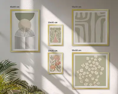 Növényi grafikákat ábrázoló képszett nappaliba stílusos pasztell árnyalatokban