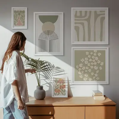 Növényi grafikákat ábrázoló képszett nappaliba stílusos pasztell árnyalatokban