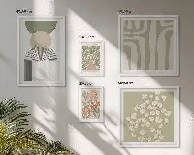 Növényi grafikákat ábrázoló képszett nappaliba stílusos pasztell árnyalatokban