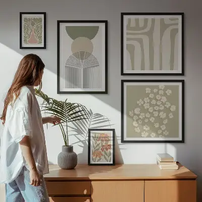 Növényi grafikákat ábrázoló képszett nappaliba stílusos pasztell árnyalatokban